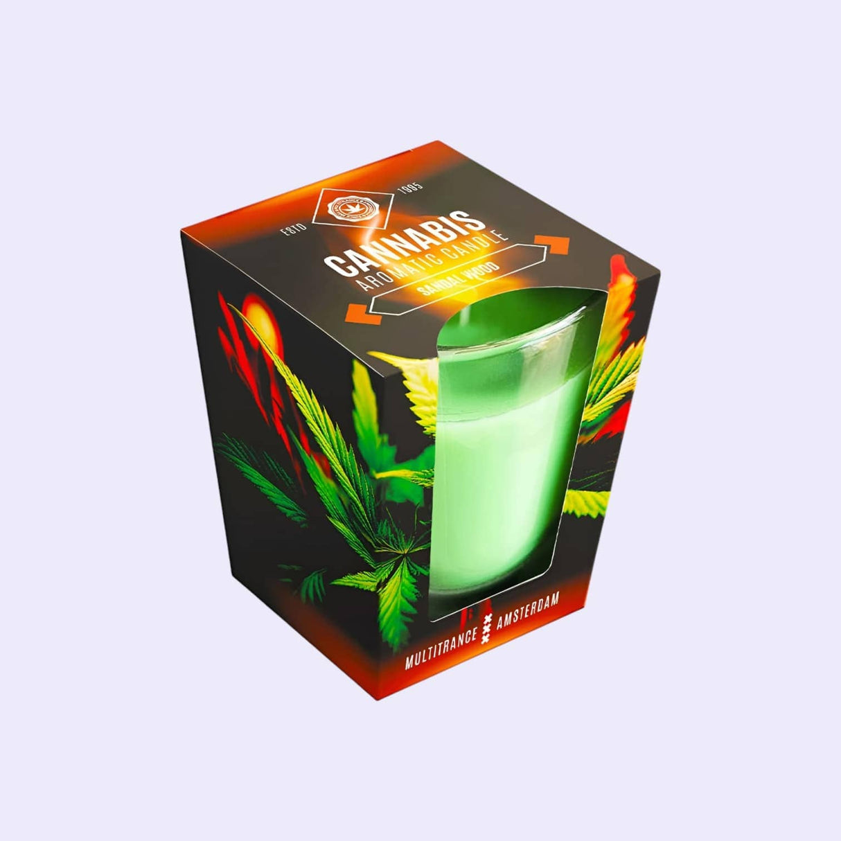 "Multitrance Amsterdam Scented Candle Sandalwood – Duftkerze mit beruhigendem Sandelholzduft für eine entspannende und elegante Raumgestaltung."