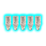 Fünf zylindrische Aspire BVC Clearomizer-Ersatzcoils mit sichtbaren Luftlöchern und Schriftzug