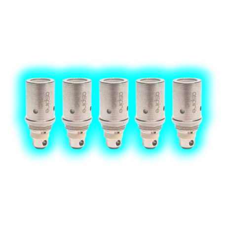 Fünf zylindrische Aspire BVC Clearomizer-Ersatzcoils mit sichtbaren Luftlöchern und Schriftzug