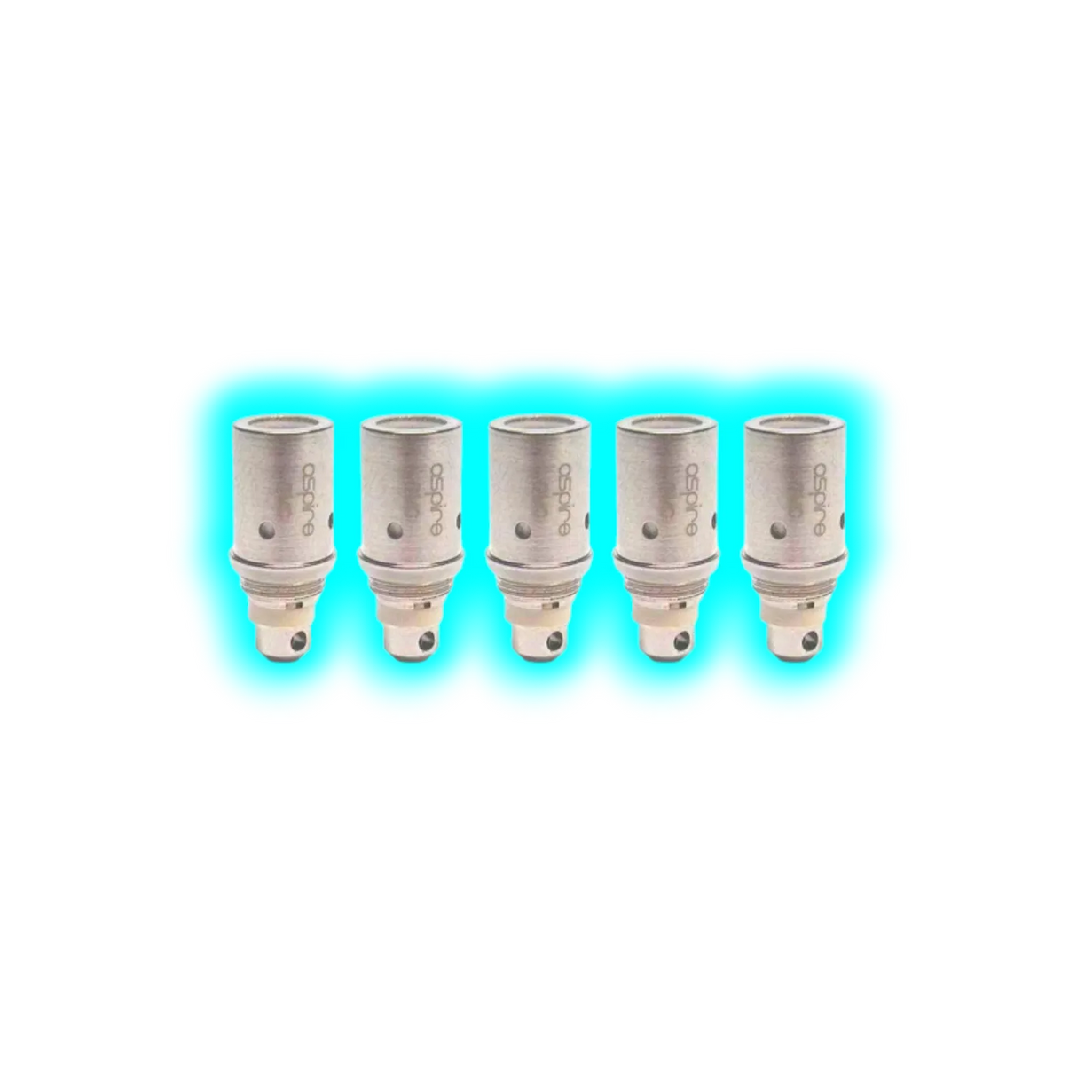 Fünf zylindrische Aspire BVC Clearomizer-Ersatzcoils mit sichtbaren Luftlöchern und Schriftzug