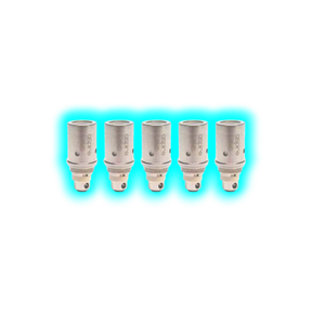 Fünf zylindrische Aspire BVC Clearomizer-Ersatzcoils mit sichtbaren Luftlöchern und Schriftzug