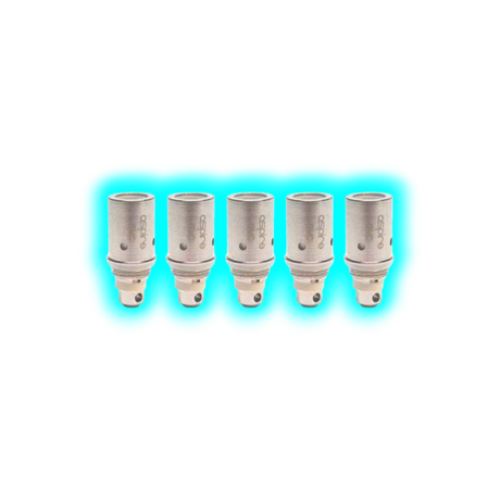 Fünf zylindrische Aspire BVC Clearomizer-Ersatzcoils mit sichtbaren Luftlöchern und Schriftzug