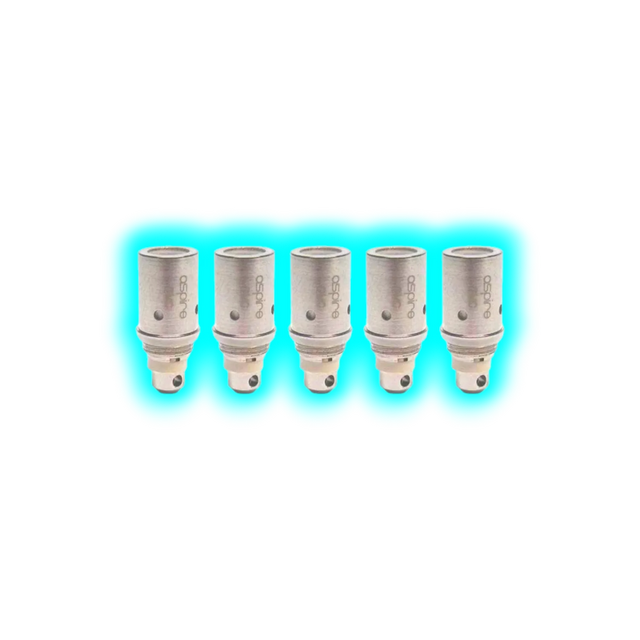 Fünf zylindrische Aspire BVC Clearomizer-Ersatzcoils mit sichtbaren Luftlöchern und Schriftzug