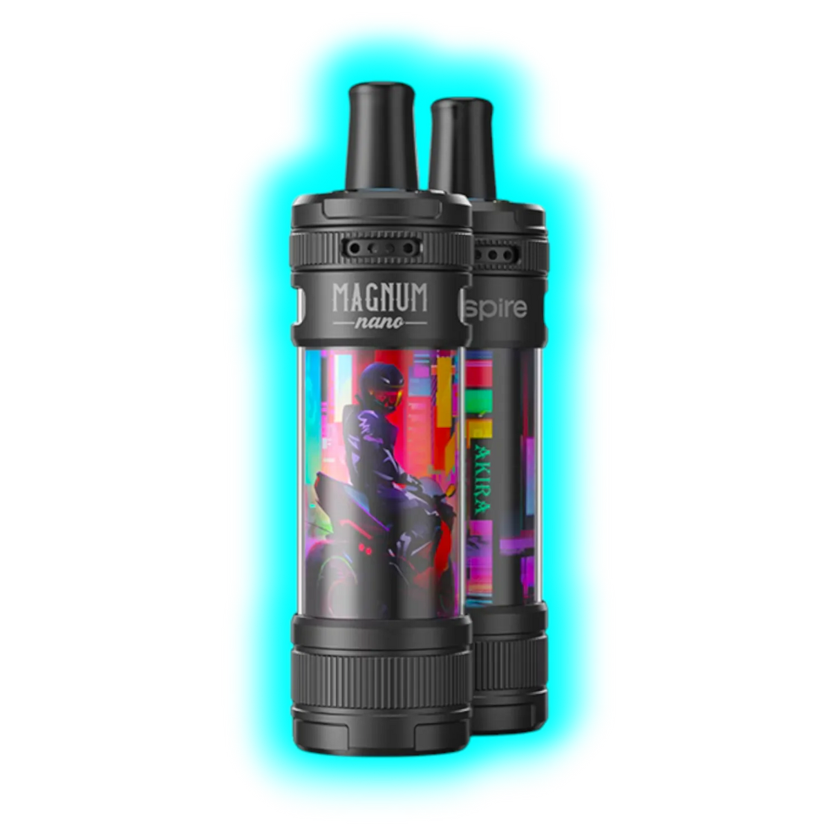 Zwei schwarze Aspire Magnum Nano E-Zigaretten mit farbigen, grafischen Motiven und Schriftzügen