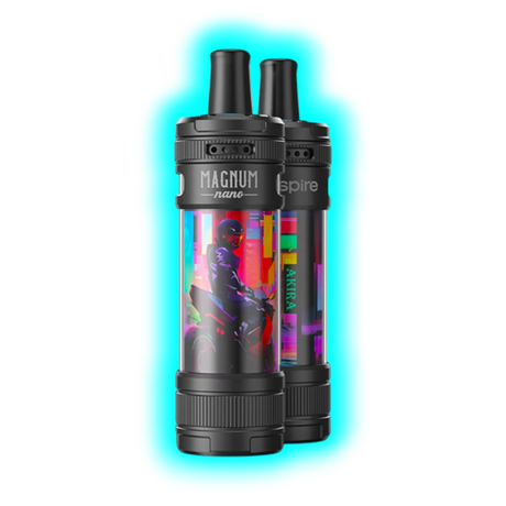 Zwei schwarze Aspire Magnum Nano E-Zigaretten mit farbigen, grafischen Motiven und Schriftzügen