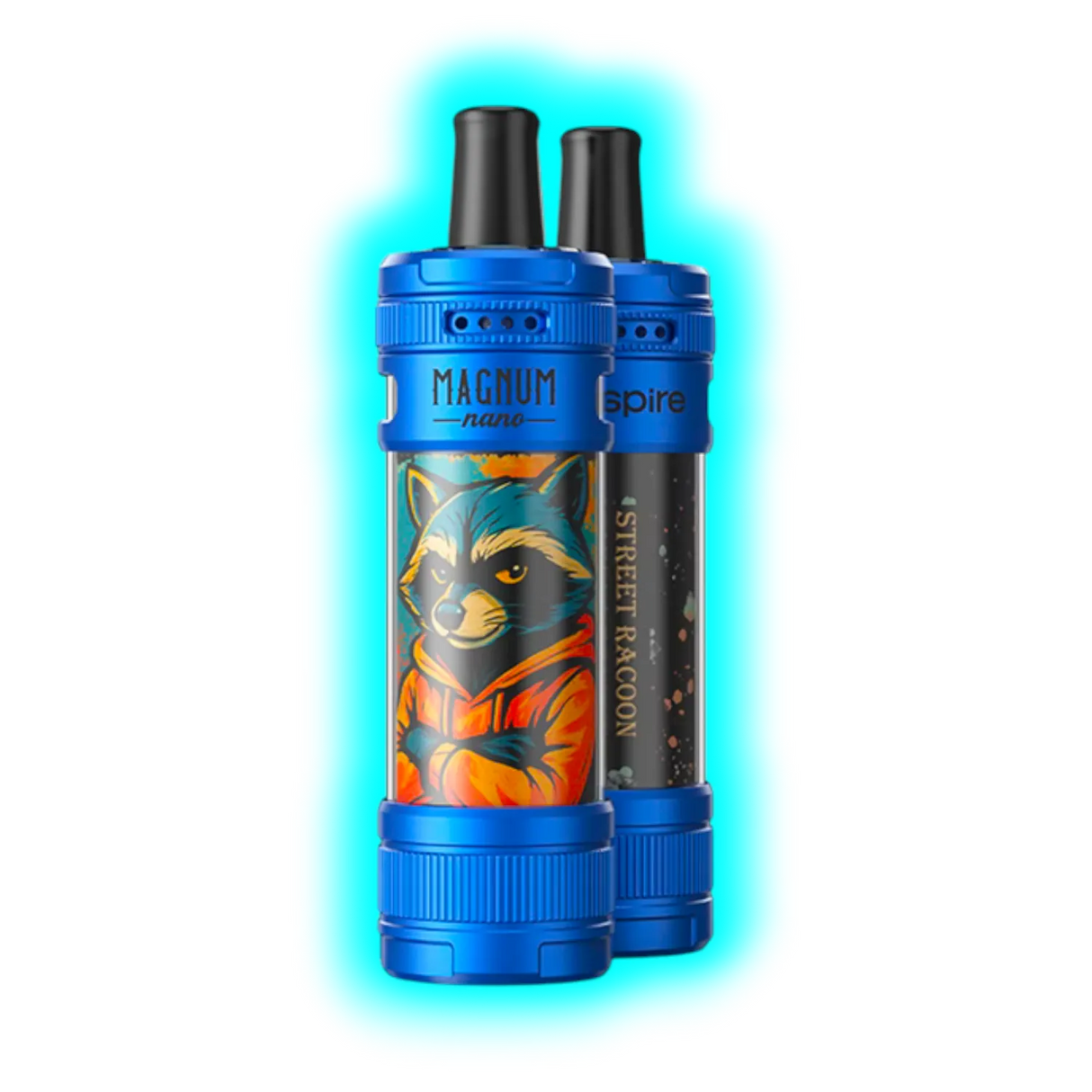 Zwei blaue Aspire Magnum Nano E-Zigaretten mit aufgedrucktem Waschbär-Motiv und Schriftzug