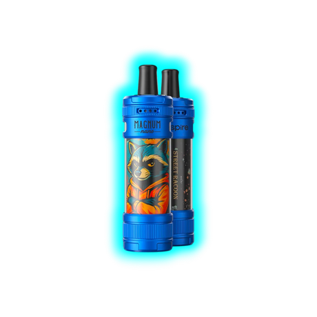 Zwei blaue Aspire Magnum Nano E-Zigaretten mit aufgedrucktem Waschbär-Motiv und Schriftzug