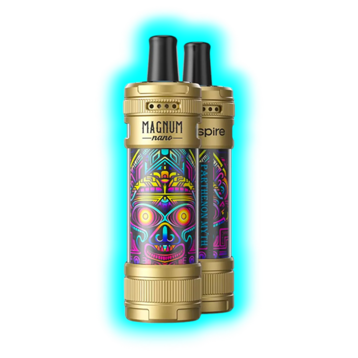 Zwei goldfarbene Aspire Magnum Nano E-Zigaretten mit farbenfrohem, abstraktem Totenkopf-Design und schwarzem Mundstück