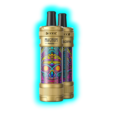 Zwei goldfarbene Aspire Magnum Nano E-Zigaretten mit farbenfrohem, abstraktem Totenkopf-Design und schwarzem Mundstück