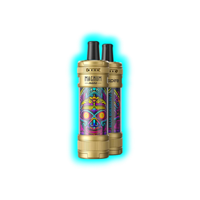 Zwei goldfarbene Aspire Magnum Nano E-Zigaretten mit farbenfrohem, abstraktem Totenkopf-Design und schwarzem Mundstück