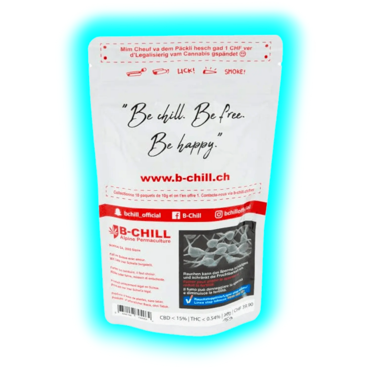 Weißes B-Chill Alpine Permaculture CBD-Produktverpackung mit Slogan "Be chill. Be free. Be happy.", Webadresse, sozialen Medien und Warnhinweis zur Fruchtbarkeit.