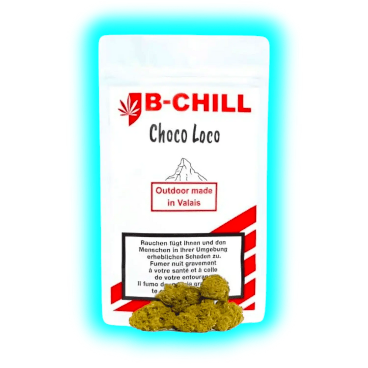 B-CHILL Choco Loco Outdoor‘ (Made in Valais) mit mehreren CBD-Blüten vor der Packung und dreisprachiger Warnbox.