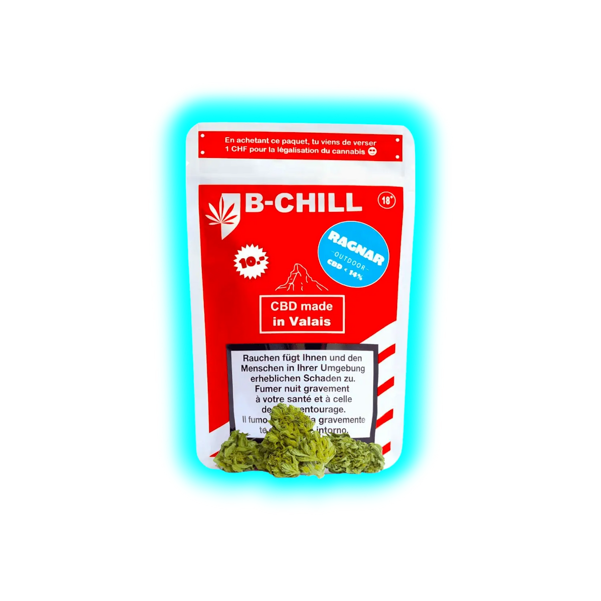 Verpackung mit rotem Etikett der Marke B-CHILL mit der Aufschrift 'CBD made in Valais' und Warnhinweis in mehreren Sprachen, davor liegen grüne CBD-Blüten.