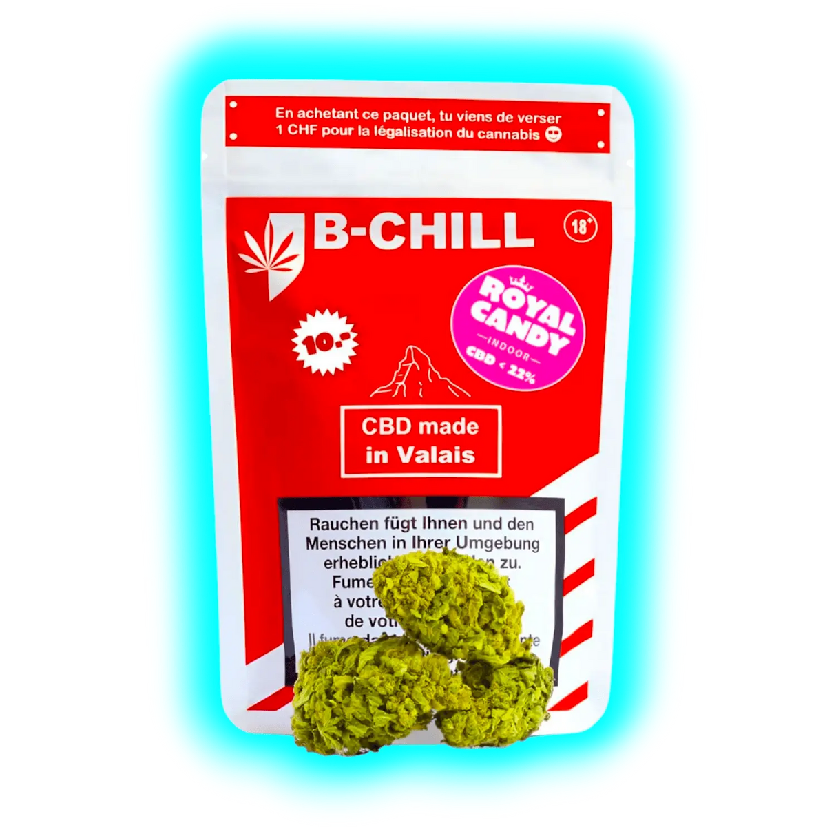 Nahaufnahme: B-CHILL Royal Candy. Drei kompakte Hanfblüten präsentiert vor der Walliser CBD-Verpackung.