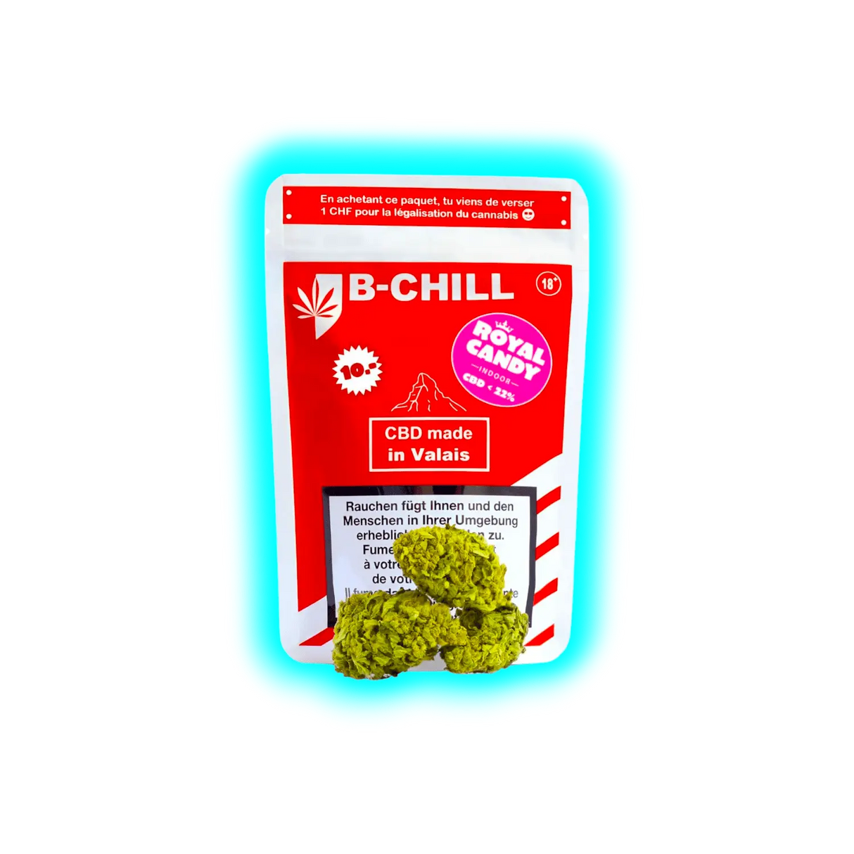 Verpackung mit der Aufschrift 'B-CHILL', 'CBD made in Valais' und 'ROYAL CANDY', davor liegen drei grüne CBD-Blüten