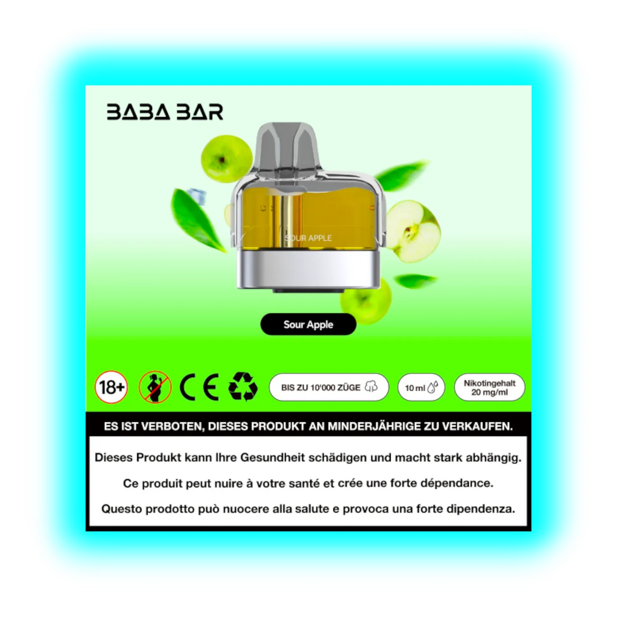 Baba Bar Pod Sour Apple 10ml 20mg/ml