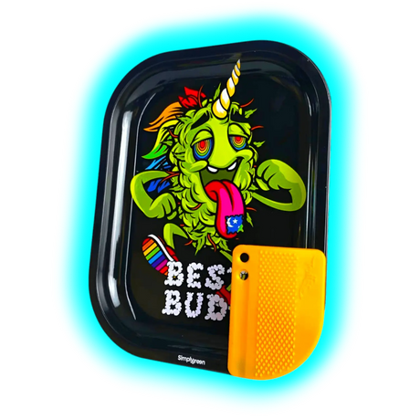 Best Buds Metal Rolling Tray S LSD with Magnetic Grinder Card 140 x 180mm
