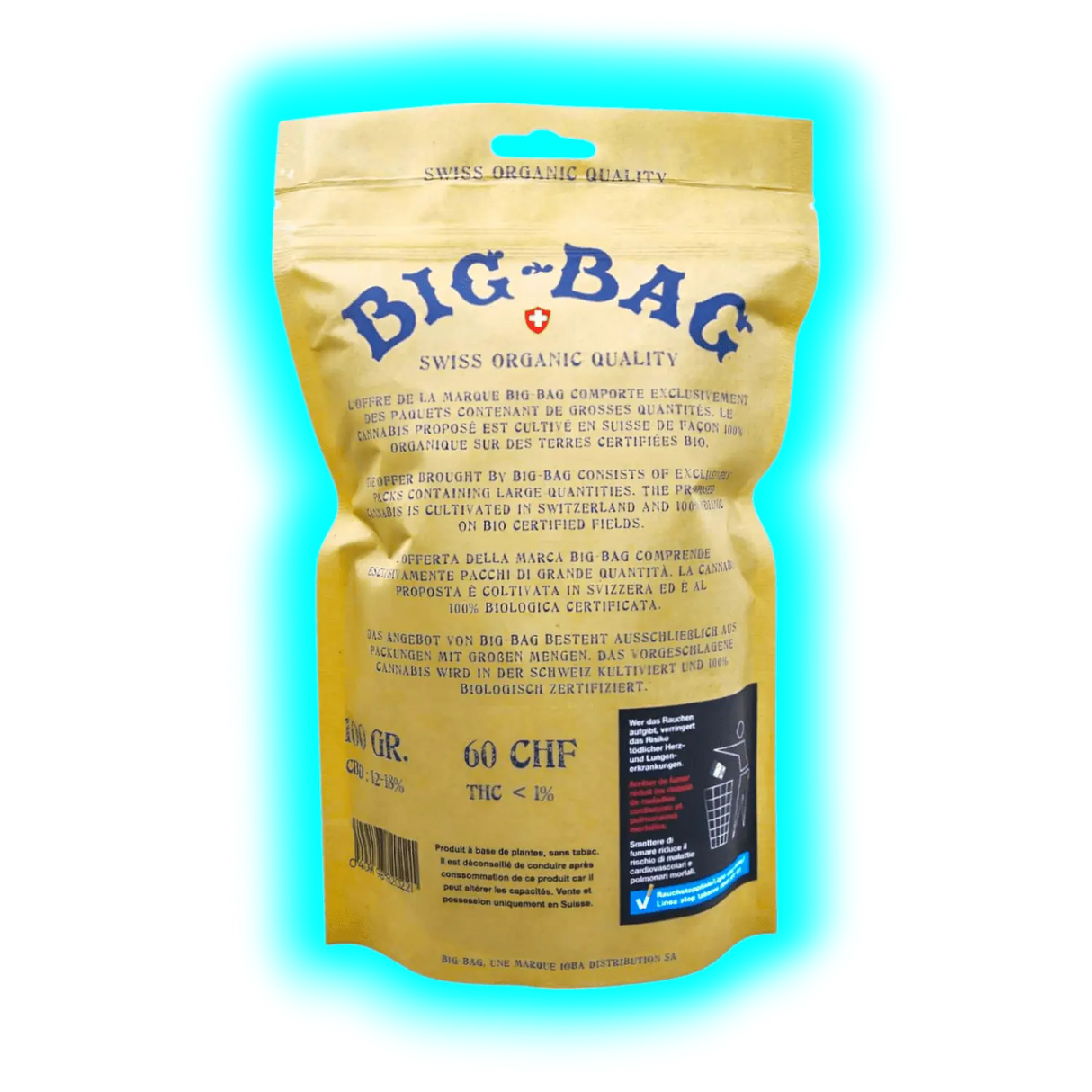 Beutel mit der Aufschrift 'BIG-BAG SWISS ORGANIC QUALITY' und Angaben zu CBD-Gehalt, Preis und THC-Anteil sowie Warnhinweisen auf der Rückseite.