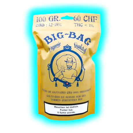 Nahaufnahme: BIG-BAG Label. Rustikale Illustration eines Mannes mit Hut über den Laborwerten und der Warnung ‚Rauchen ist tödlich‘