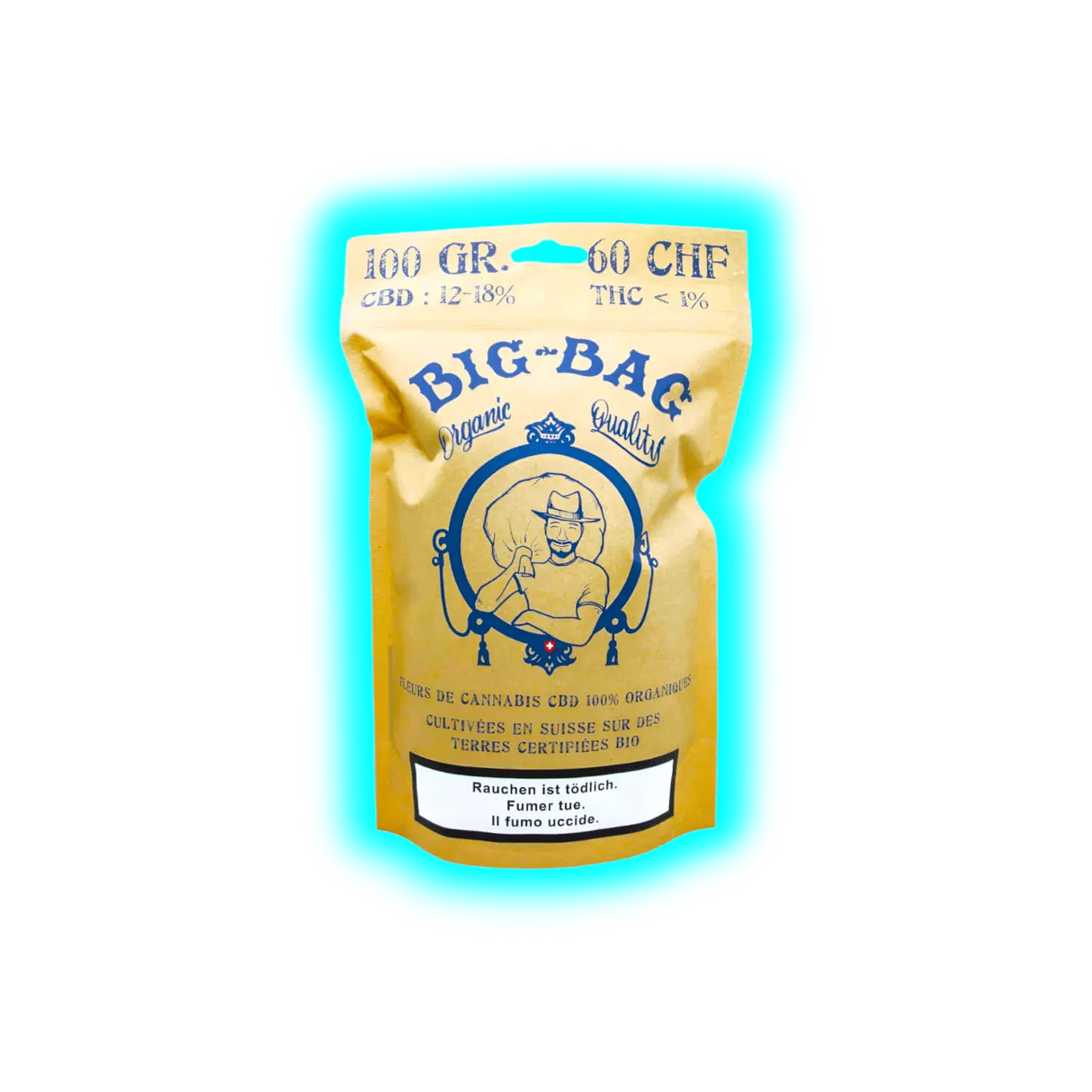 Beutel mit der Aufschrift 'BIG-BAG Organic Quality' und einer Zeichnung eines Mannes mit Hut, Angaben zu CBD- und THC-Gehalt sowie Warnhinweis zum Rauchen