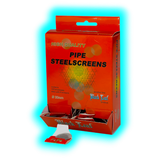 Geöffnete orangefarbene Verpackung mit dem Schriftzug HIGH QUALITY PIPE STEELSCREENS und mehreren eingelegten runden Metallsieben