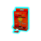 Offene orangefarbene Verpackung mit der Aufschrift 'HIGH QUALITY PIPE STEELSCREENS' und mehreren kleinen Metallgittern darin