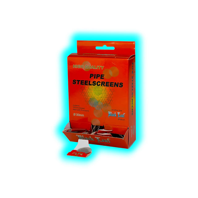 Offene orangefarbene Verpackung mit der Aufschrift 'HIGH QUALITY PIPE STEELSCREENS' und mehreren kleinen Metallgittern darin