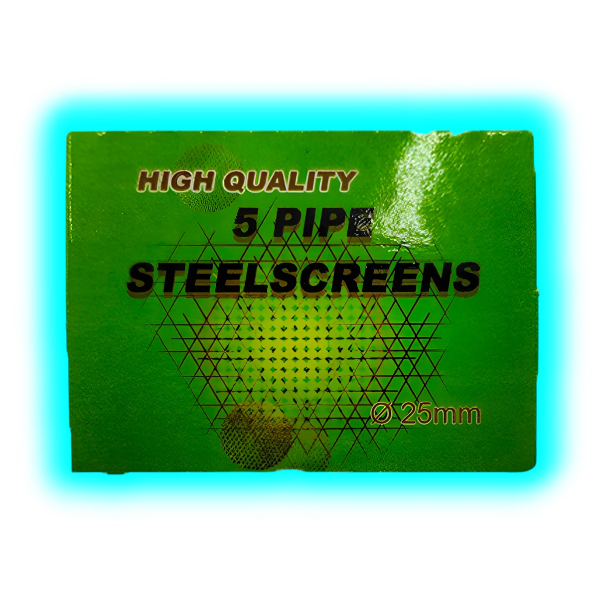 Grüne Verpackung mit dem Schriftzug HIGH QUALITY 5 PIPE STEELSCREENS Ø 25mm vor einem Hintergrund mit geometrischem Muster