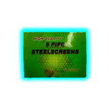 Grüne Verpackung mit der Aufschrift 'HIGH QUALITY 5 PIPE STEELSCREENS Ø 25mm' und einem geometrischen Muster im Hintergrund