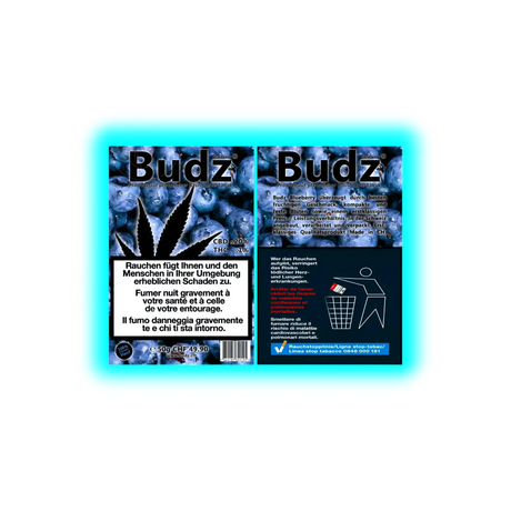 Verpackung mit Blaubeer-Motiv für Budz Blueberry CBD-Produkt mit Warnhinweisen zum Rauchen und Angaben zu CBD- und THC-Gehalt