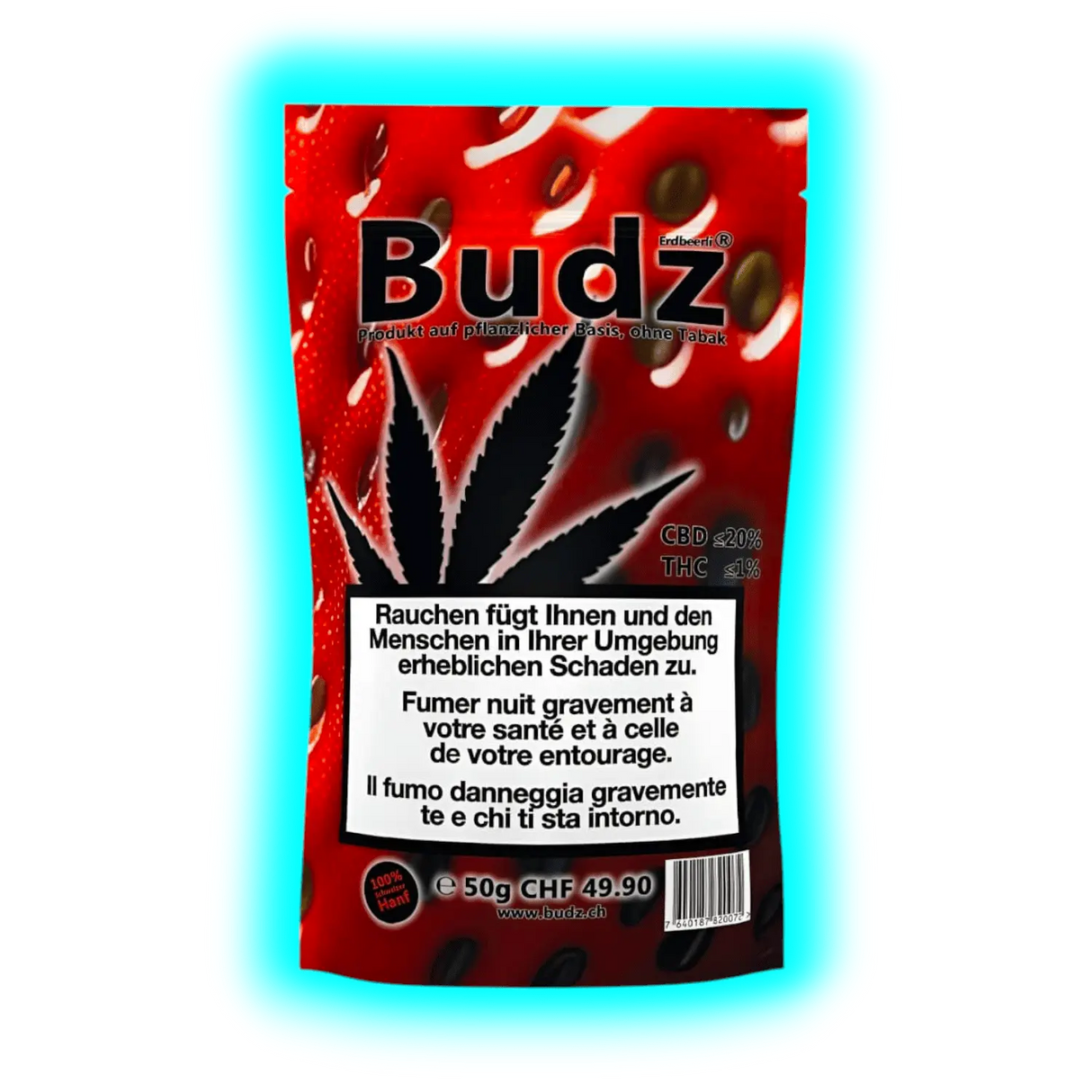 Nahaufnahme: Budz Strawberry CBD. Rote Frucht-Grafik neben schwarzem Blatt-Logo und gesetzlichen Raucher-Warnungen.