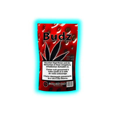Verpackung mit rotem Erdbeermotiv und schwarzem Hanfblatt, Aufschrift 'Budz', Warnhinweis zum Rauchen in Deutsch, Französisch und Italienisch, Angaben zu CBD 20% und THC 0.3%, 50g Inhalt, Preis CHF 49.90