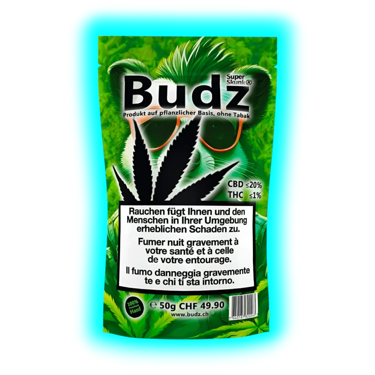Budz CBD-Blüten (50g). Grüne Vorratspackung mit markantem Logo, Preis CHF 49.90 und mehrsprachigen Warnhinweisen.