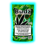 Budz CBD-Blüten (50g). Grüne Vorratspackung mit markantem Logo, Preis CHF 49.90 und mehrsprachigen Warnhinweisen.