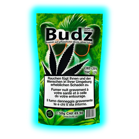 Budz CBD-Blüten (50g). Grüne Vorratspackung mit markantem Logo, Preis CHF 49.90 und mehrsprachigen Warnhinweisen.
