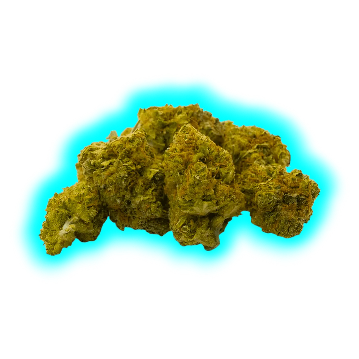 Hochauflösendes Foto eines kompakten CBD-Buds. Fokus auf die unregelmäßige Form und die frostige Schicht aus Trichomen.
