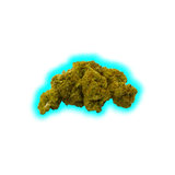 Nahaufnahme eines einzelnen CBD-Blütenknospen mit kompakter, unregelmäßiger Form und sichtbaren Trichomen