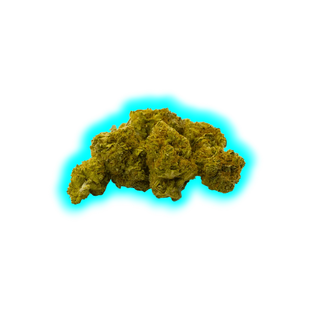 Nahaufnahme eines einzelnen CBD-Blütenknospen mit kompakter, unregelmäßiger Form und sichtbaren Trichomen