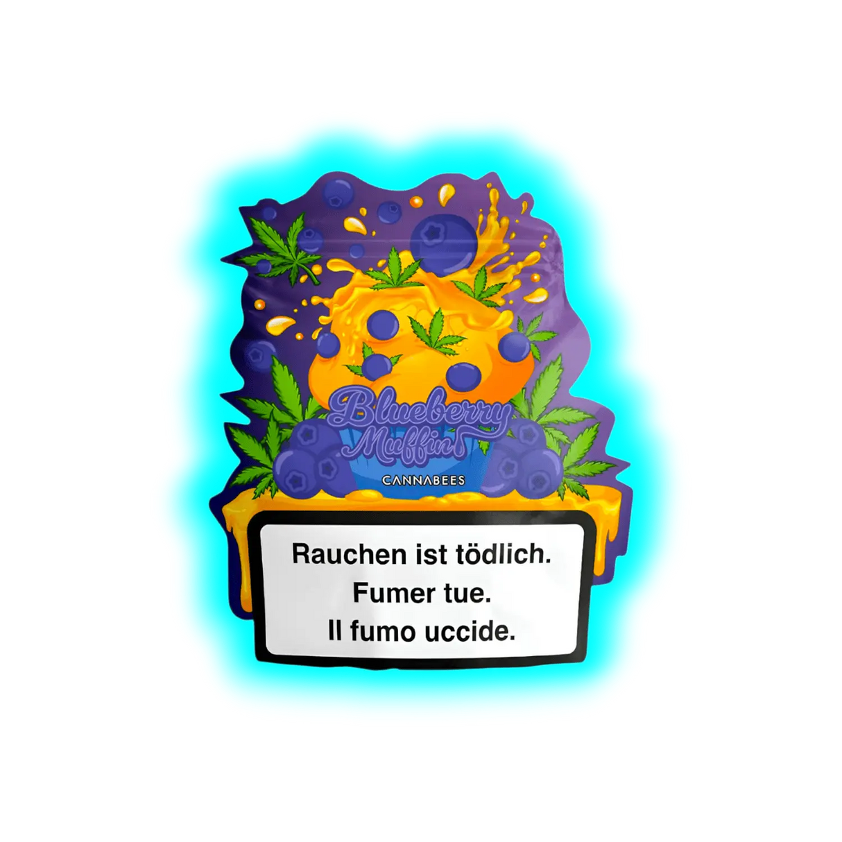 Illustration eines Blaubeermuffins mit Blaubeeren und Hanfblättern, darunter ein Warnhinweis in Deutsch, Französisch und Italienisch