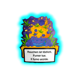 Illustration eines Blaubeermuffins mit Blaubeeren und Hanfblättern, darunter ein Warnhinweis in Deutsch, Französisch und Italienisch