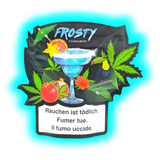 Ausschnitt: Der bunte Tukan und Cocktail der Frosty Cannabees Packung über den obligatorischen Warnungen zum Rauchen