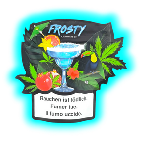 Ausschnitt: Der bunte Tukan und Cocktail der Frosty Cannabees Packung über den obligatorischen Warnungen zum Rauchen