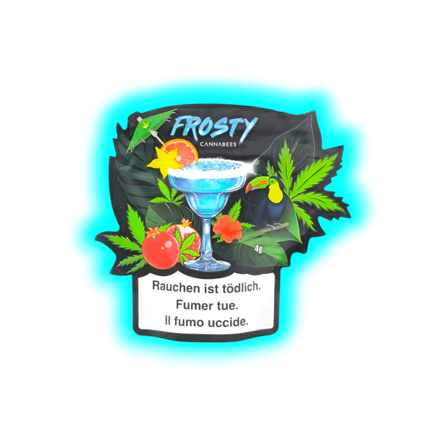 Verpackung mit Cocktailglas, tropischen Früchten, Blättern, einem Tukan und dem Text 'FROSTY CANNABEES' sowie Warnhinweis in Deutsch, Französisch und Italienisch