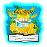 „Lemonice Cannabees CBD – Verpackung mit Zitrus-Motiv, Presse, Hanfblatt-Grafik und dreisprachigen Warnhinweisen.