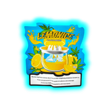 Illustration einer Zitronenpresse mit Zitronenscheiben und Hanfblättern vor blauem Hintergrund mit dem Schriftzug 'LEMONICE CANNABEES' und Warnhinweis in Deutsch, Französisch und Italienisch