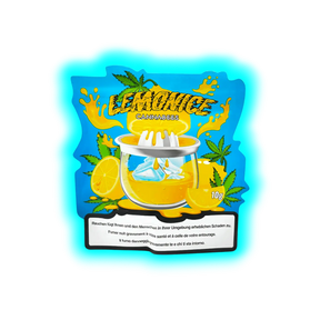 Illustration einer Zitronenpresse mit Zitronenscheiben und Hanfblättern vor blauem Hintergrund mit dem Schriftzug 'LEMONICE CANNABEES' und Warnhinweis in Deutsch, Französisch und Italienisch