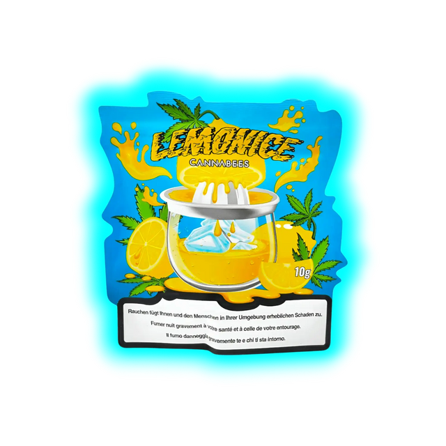 Illustration einer Zitronenpresse mit Zitronenscheiben und Hanfblättern vor blauem Hintergrund mit dem Schriftzug 'LEMONICE CANNABEES' und Warnhinweis in Deutsch, Französisch und Italienisch
