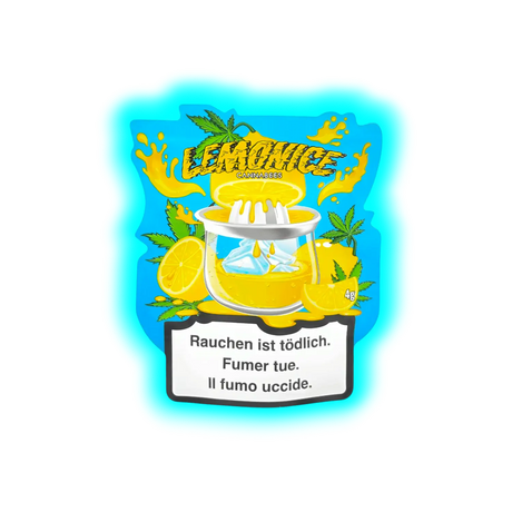 Illustration einer Zitronenpresse mit Zitronenscheiben und Hanfblättern vor blauem Hintergrund mit dem Schriftzug 'LEMONICE CANNABEES' und Warnhinweis in Deutsch, Französisch und Italienisch