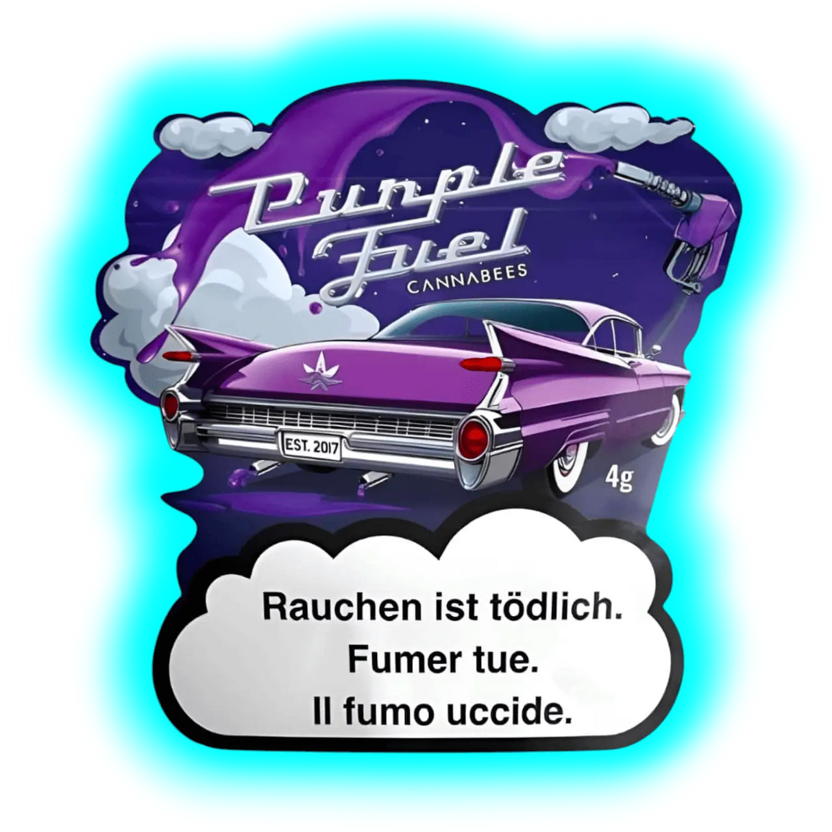 Purple Fuel Cannabees CBD – Verpackung mit coolem Oldtimer-Motiv, Mond-Hintergrund und dreisprachigen Warnungen