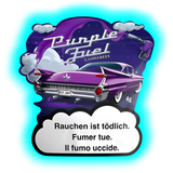 Purple Fuel Cannabees CBD – Verpackung mit coolem Oldtimer-Motiv, Mond-Hintergrund und dreisprachigen Warnungen